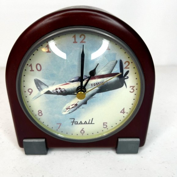Fossil Mantel Desk Clock WWII Fighter Plane P-47 Thunderbolt Wooden Body AA Batt - Picture 1 of 12